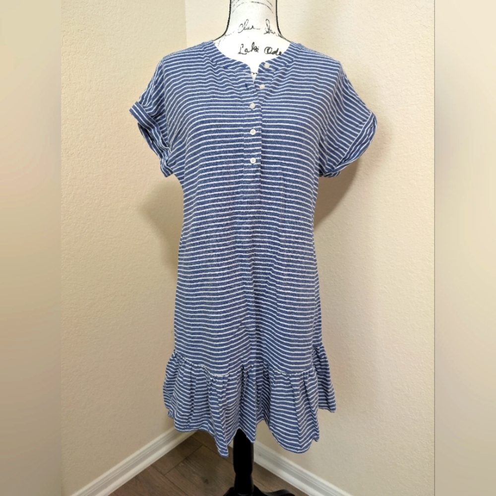 Tommy Hilfiger Blue & White Striped Button-Down Dress W/Ruffled Hem• Size 8 💙🤍